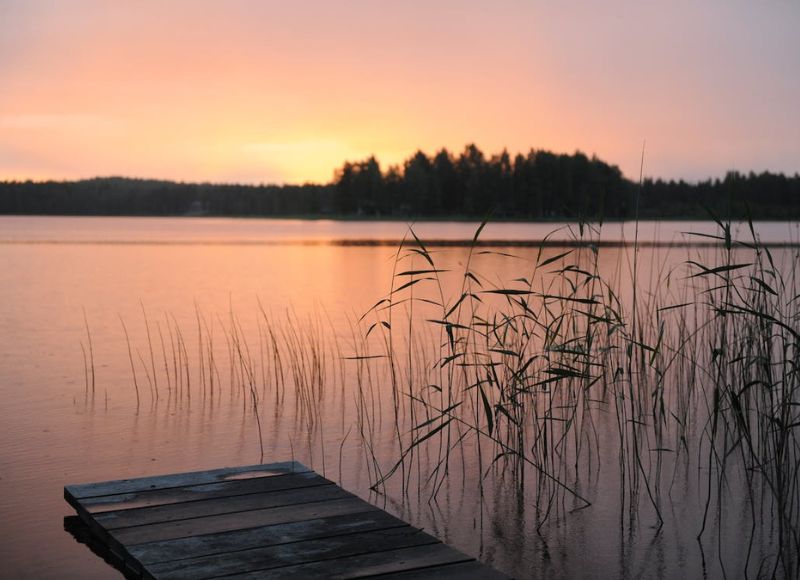 Lake with boardwalk near reeds overlooking sunset with trees in background near The Inn at Ohio Northern University in Ada, OH