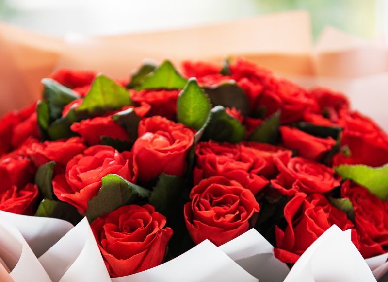 Bouquet of red flowers with white paper at The Inn at Ohio Northern University in Ada, OH